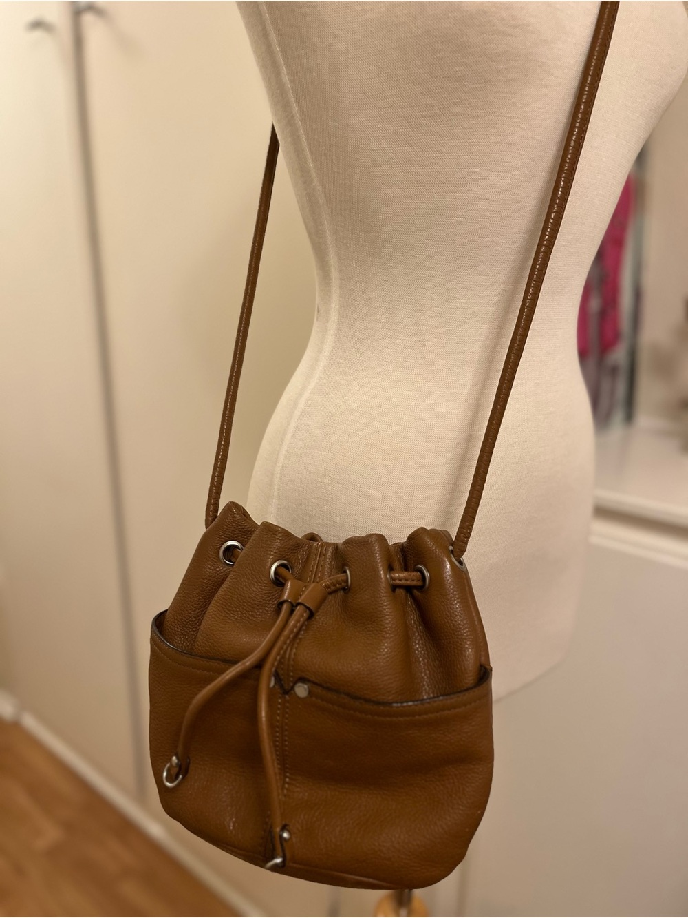 Tignanello Caramel Brown Pebbled Leather Drawstring Crossbody - Picture 3 of 10